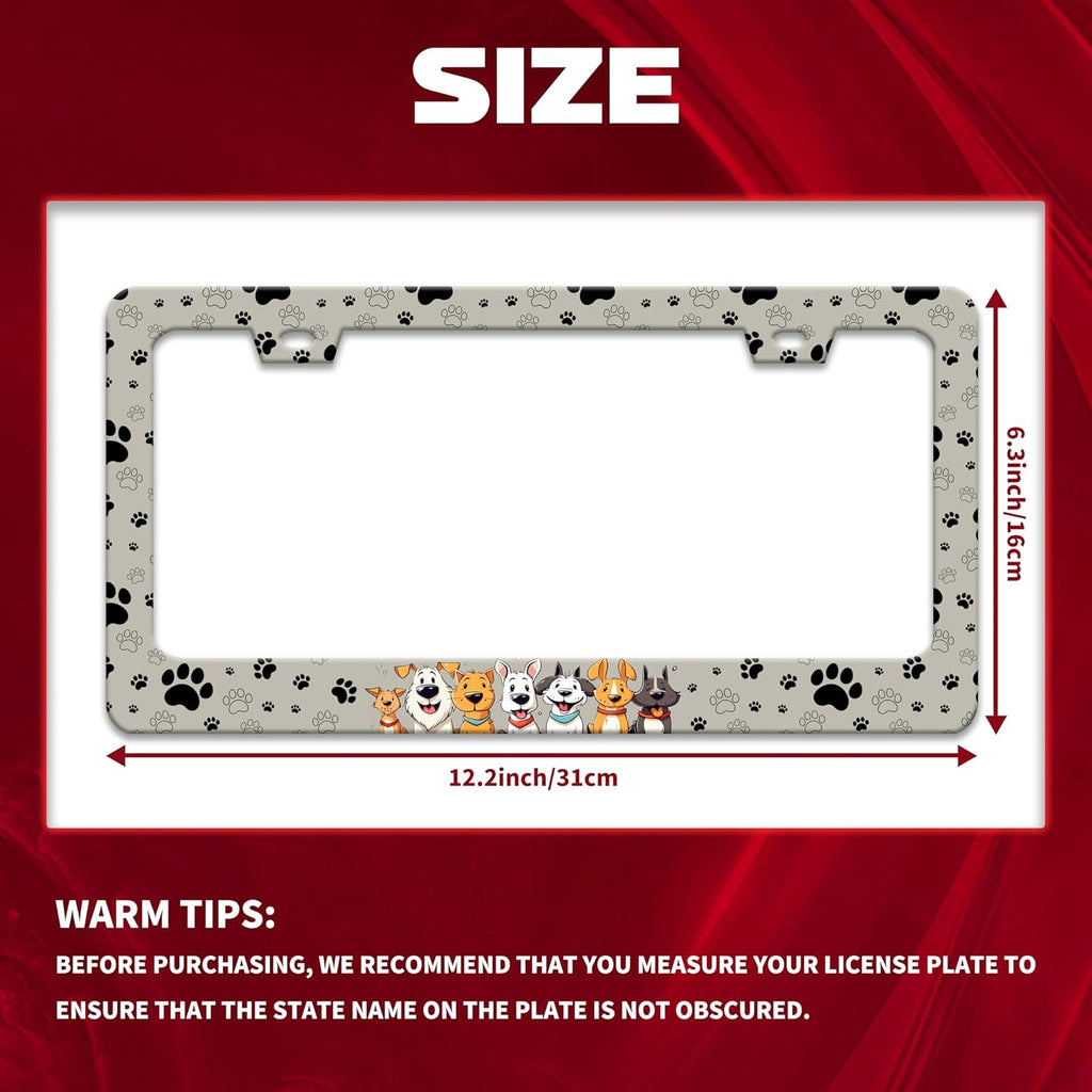 Personalise Dog License Plate Frame Paw Prints License Plate Frames Car Universal Stainless Steel Accessories Cars Decor with 2 Holes and Screws Fits Standard Us Vehicles Size 12.2 X 6 Inches
