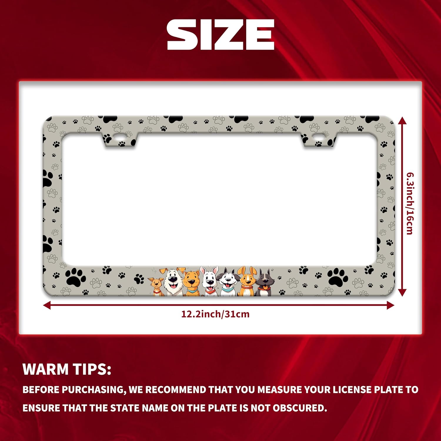 Personalise Dog License Plate Frame Paw Prints License Plate Frames Car Universal Stainless Steel Accessories Cars Decor with 2 Holes and Screws Fits Standard Us Vehicles Size 12.2 X 6 Inches