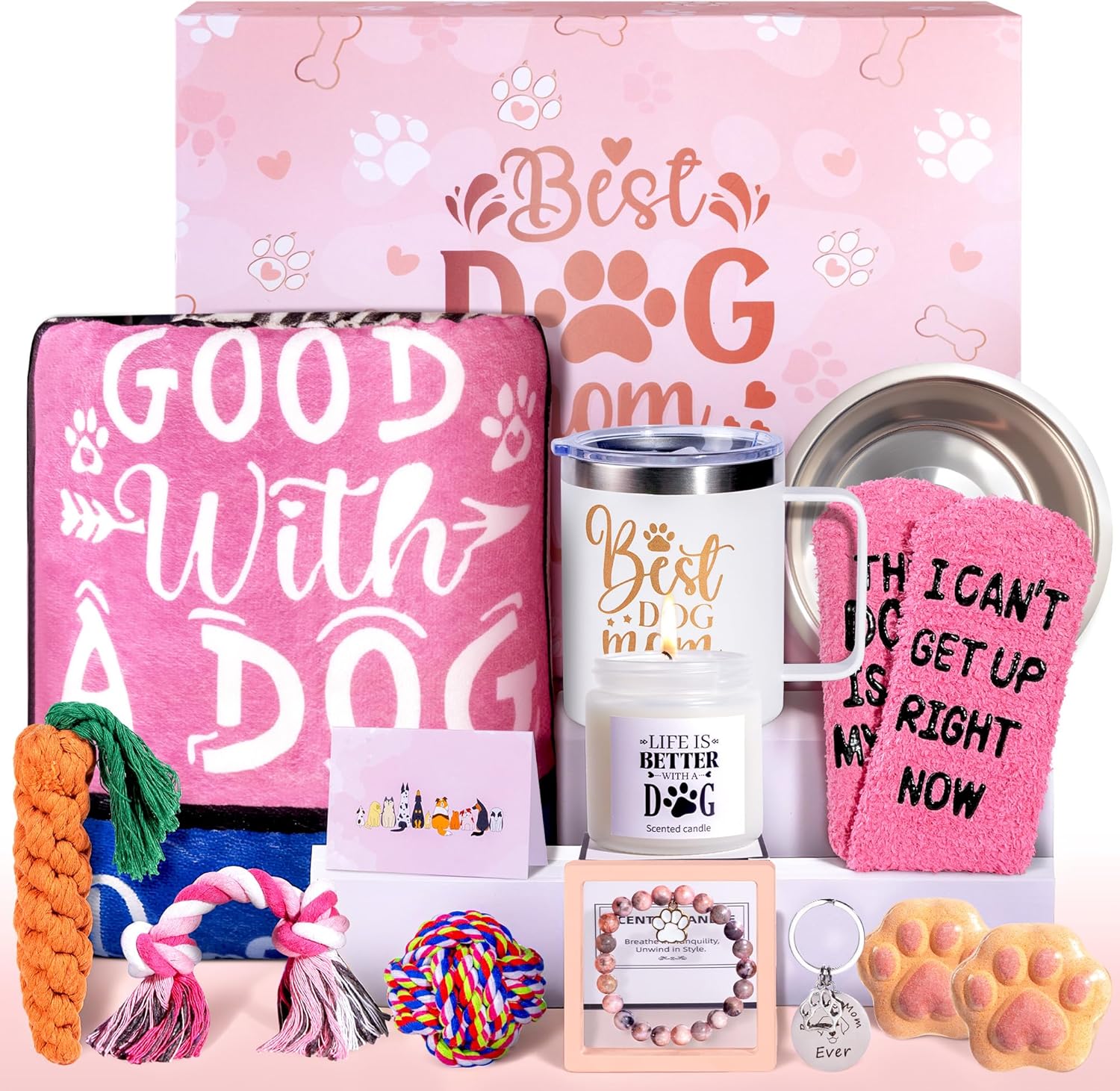 13Pcs Best Dog Mom Gifts for Women, Gift Baskets, Unique Dog Mom Birthday Gifts for Dogs Lovers, with Luxurious Flannel Blankets Gift for Owners for Birthdays, Christmas, and Mother's Day