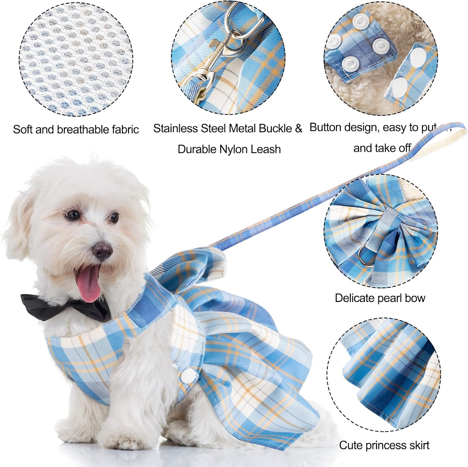 4 Pcs Cute Plaid Dog Dress Set with Bow Tie Harness & Leash for Small Dogs, Puppy Clothes for Girls Outfits(L,Dark Color)