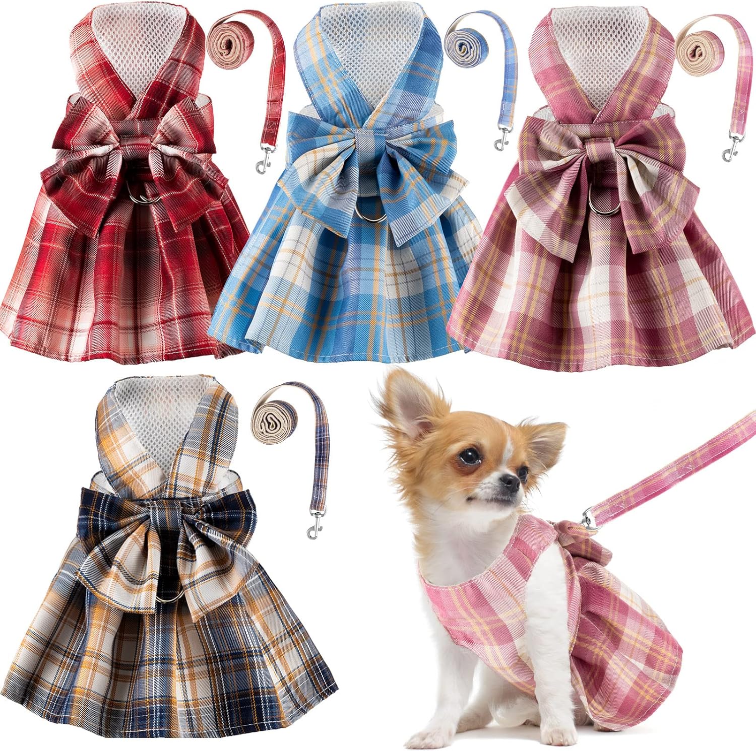 4 Pcs Cute Plaid Dog Dress Set with Bow Tie Harness & Leash for Small Dogs, Puppy Clothes for Girls Outfits(L,Dark Color)