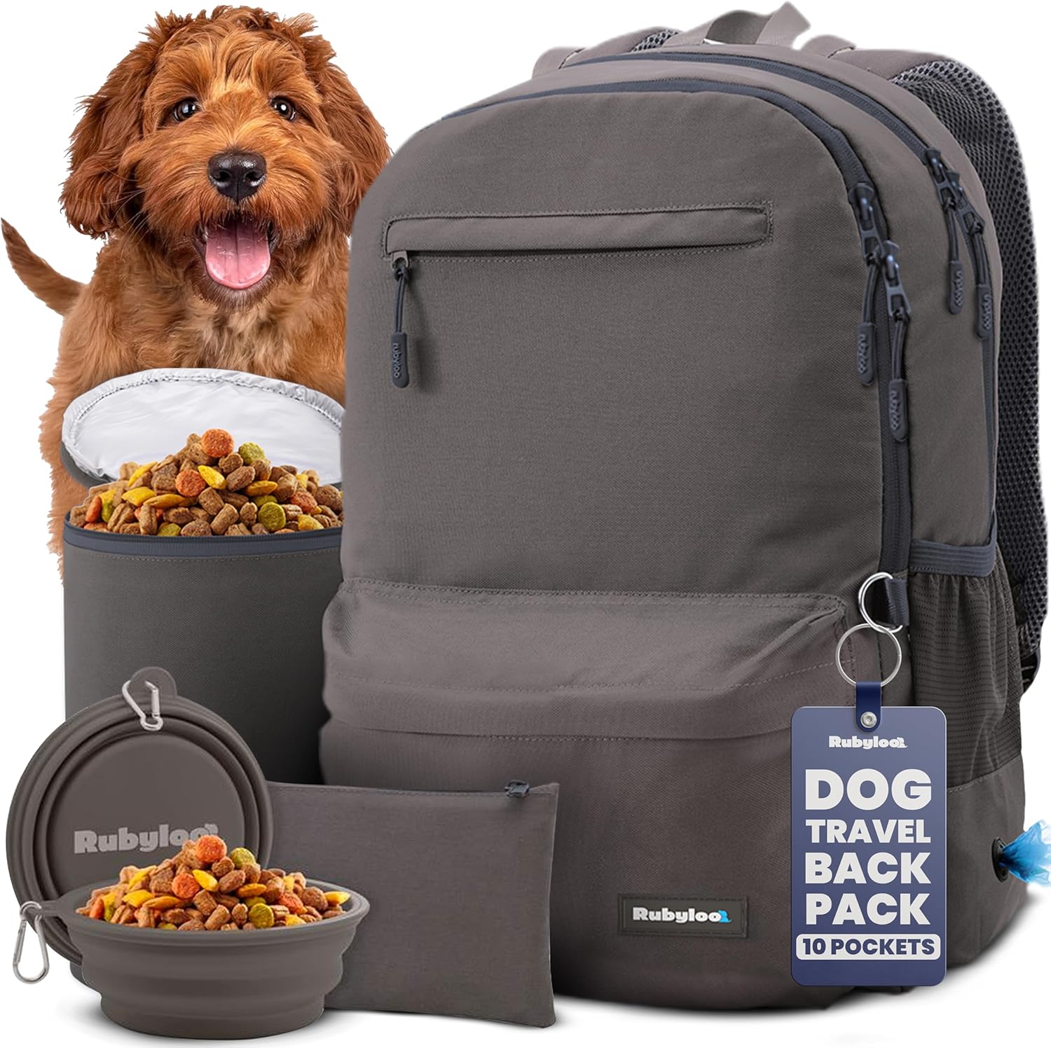 Dog Travel Bag for Supplies - Complete Dog Diaper Bag Backpack with 2 BPA-Free Travel Bowls, Treat Pouch, Food Container, Placemat & Laptop Sleeve – for Traveling, Road Trips, Hiking: Dk Grey