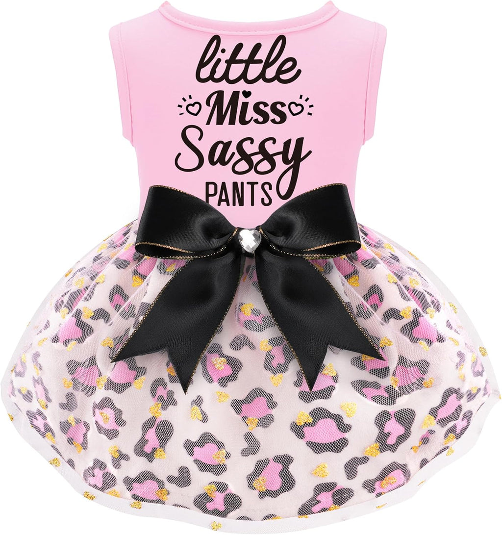 Little Miss Sassy Pants Dog Dress with Leopard Print Bowknot Dog Clothes for Small Medium Large Dogs Girls Boys Cats Outfit