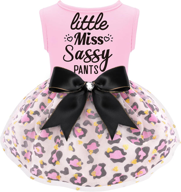 Little Miss Sassy Pants Dog Dress with Leopard Print Bowknot Dog Clothes for Small Medium Large Dogs Girls Boys Cats Outfit
