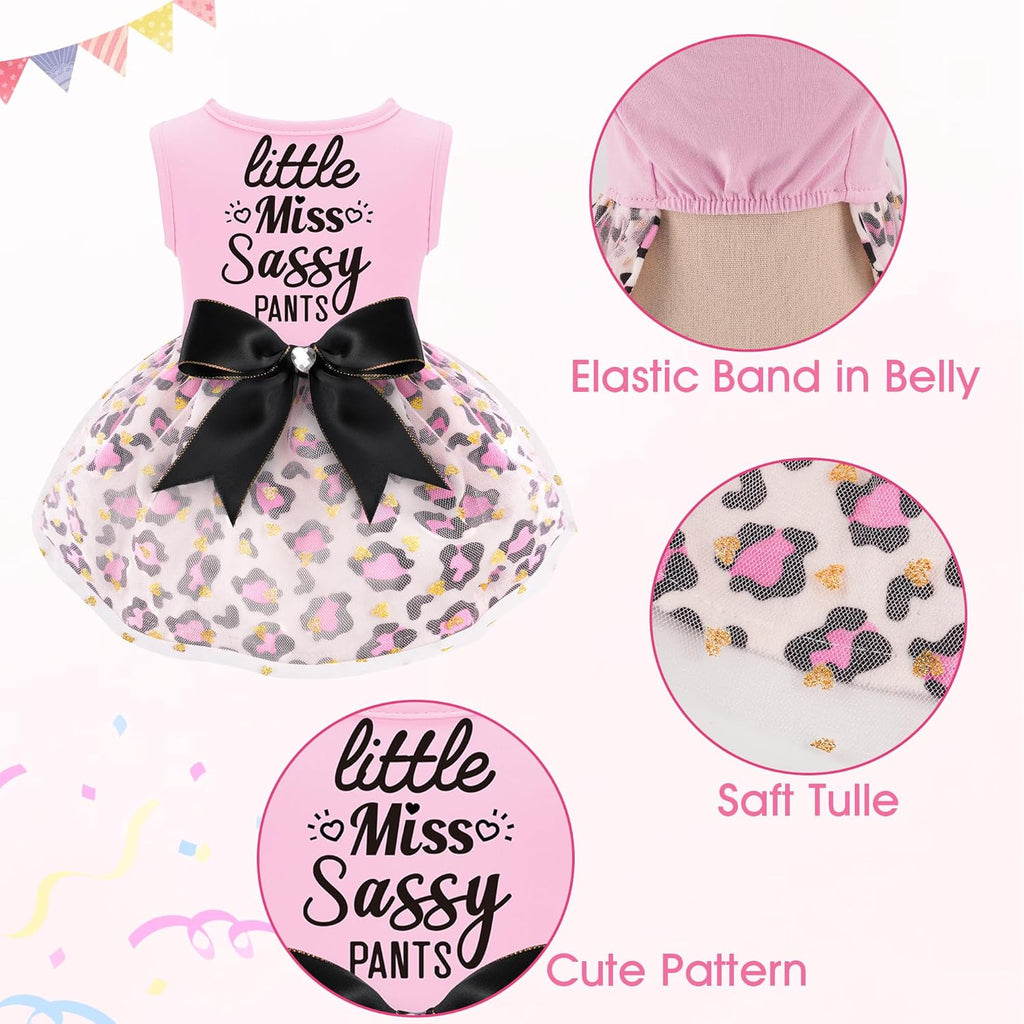 Little Miss Sassy Pants Dog Dress with Leopard Print Bowknot Dog Clothes for Small Medium Large Dogs Girls Boys Cats Outfit