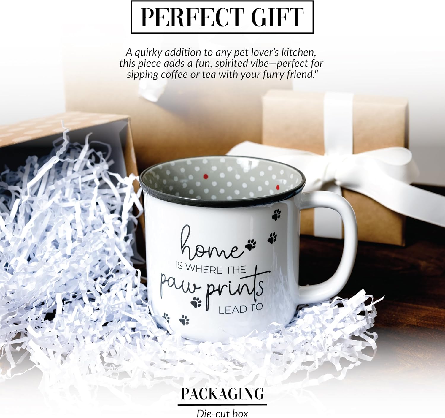 Pavilion Gift Company - Home Is Where The Paw Prints Lead To - 18 oz Coffee Mug Tea Cup Kitten Puppy Feline K-9 Cat Dog Lover Gift Rescue Pet Mom Dad Present