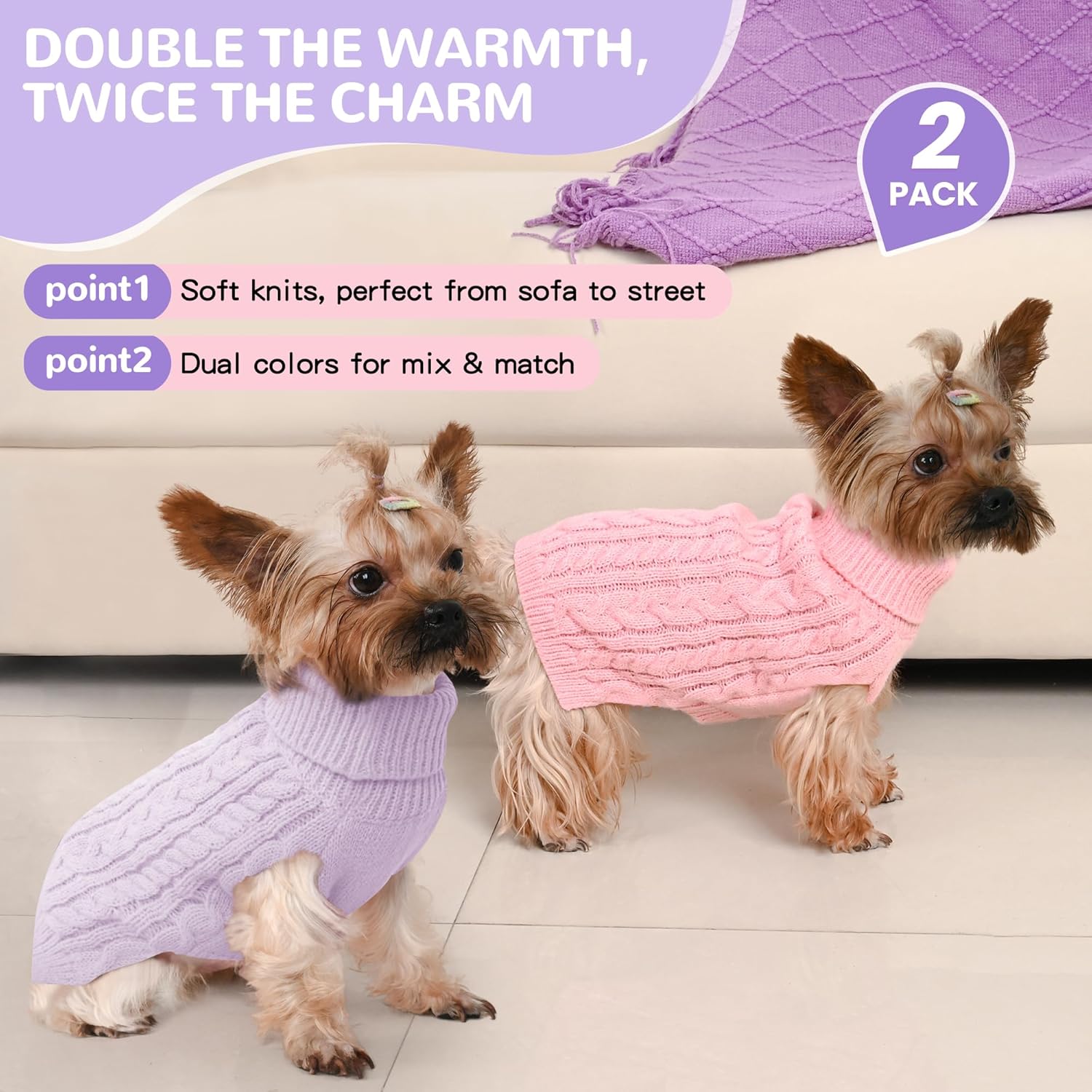 2 Pack Dog Sweaters for Small Dogs Winter Turtleneck Pullover Cable Knit Fleece Stretch Puppy Doggie Chihuahua Toy Poodle Yorkie Pomeranian Boy Girl Pet Clothes (S, Pink & Purple)