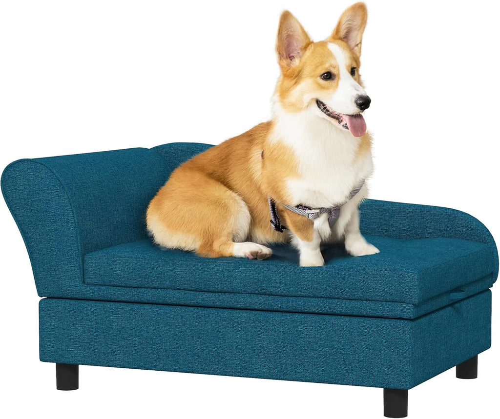 PawHut Pet Sofa, Dog Couch, Elevated Pet Bed for Small Dogs, with Hidden Storage, Soft Tufted Cushion, Dark Blue