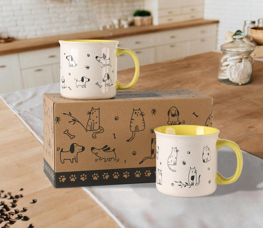 AmorArc 22 OZ Large Ceramic Coffee Mugs Set of 2, Oversized Mugs With Big Handle for Men Women Dad Mom, Big Mug With Textured Dogs Cats Patterns for Office & Home -Microwave Safe, 2 Pcs-Yellow