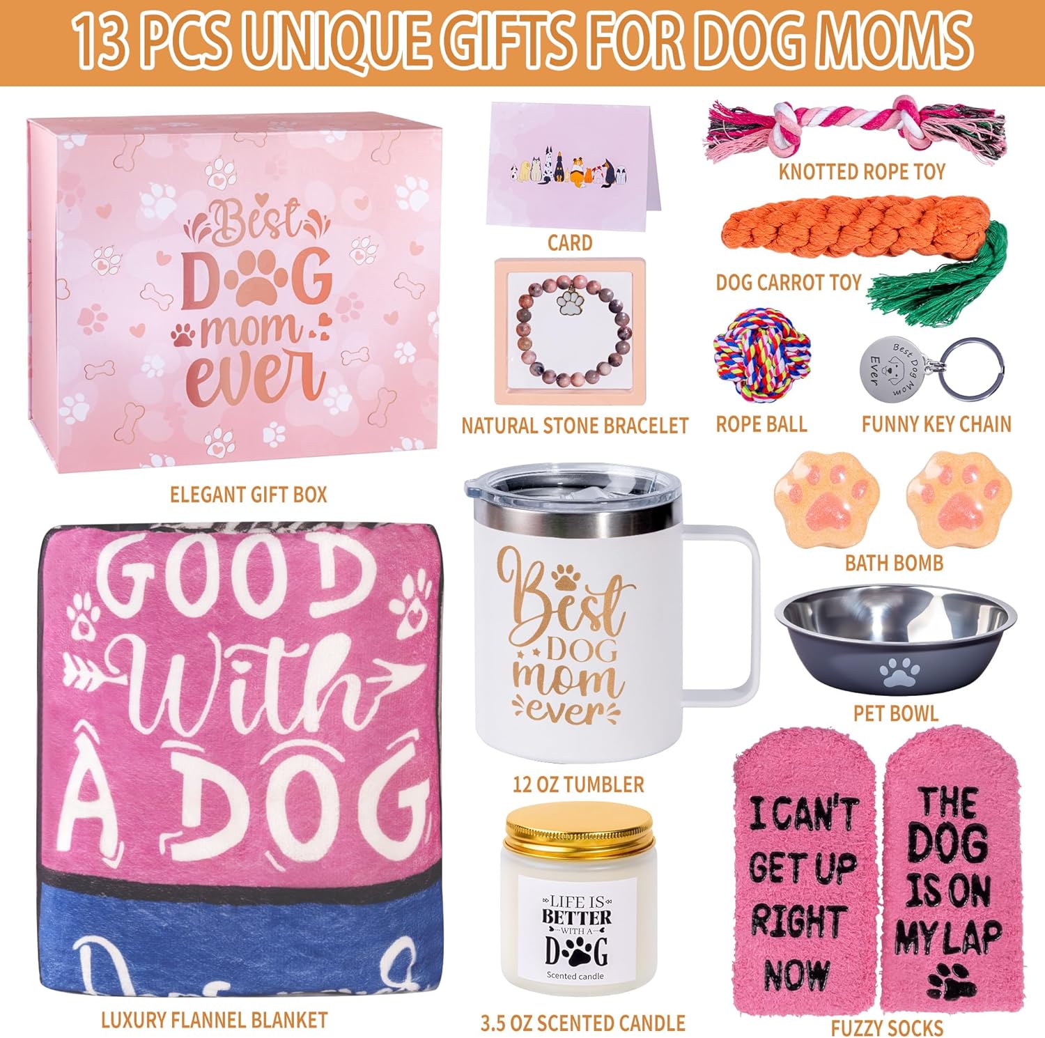 13Pcs Best Dog Mom Gifts for Women, Gift Baskets, Unique Dog Mom Birthday Gifts for Dogs Lovers, with Luxurious Flannel Blankets Gift for Owners for Birthdays, Christmas, and Mother's Day