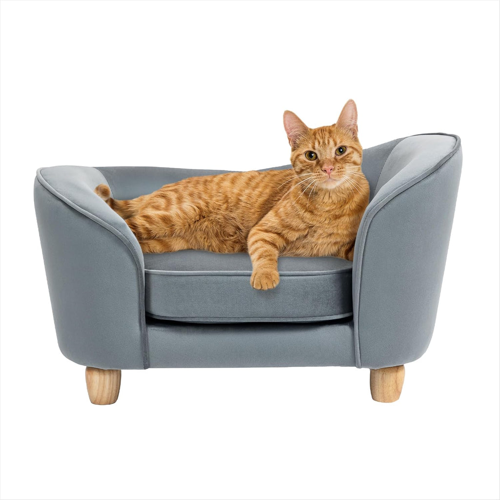 CRITTER SITTERS 28-in. Faux-Velvet Gray Dog Bed for Small-Sized Dogs and Cats, Elegant Oval Dog Couch, Grey