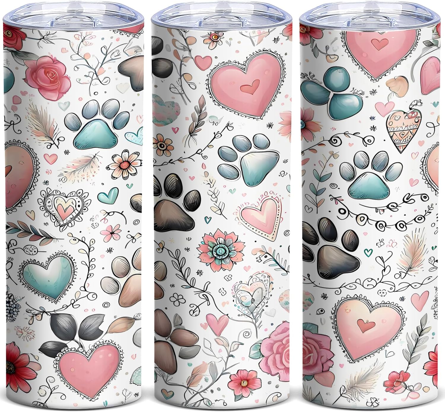 Boho Dog Paw Skinny Tumbler, 20oz Floral Heart Coffee Cup for Pet Owners, Insulated Stainless Steel Travel Mug, Cute Tumbler Gift for Dog Lovers & Friends