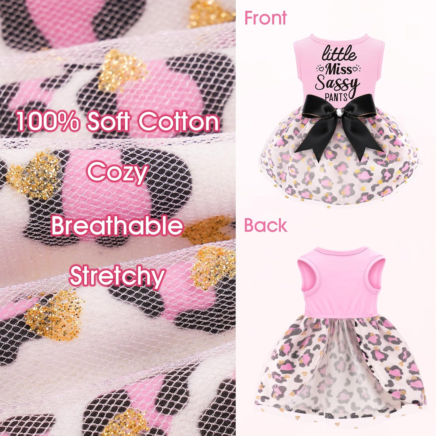 Little Miss Sassy Pants Dog Dress with Leopard Print Bowknot Dog Clothes for Small Medium Large Dogs Girls Boys Cats Outfit