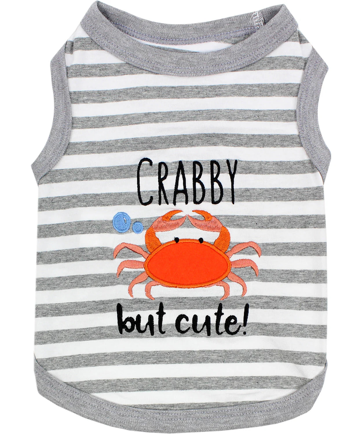 Crabby But Cute Tee Embroidered Dog Shirt - Trendy Pet Apparel for Dogs & Cats, Gray and White Stripes