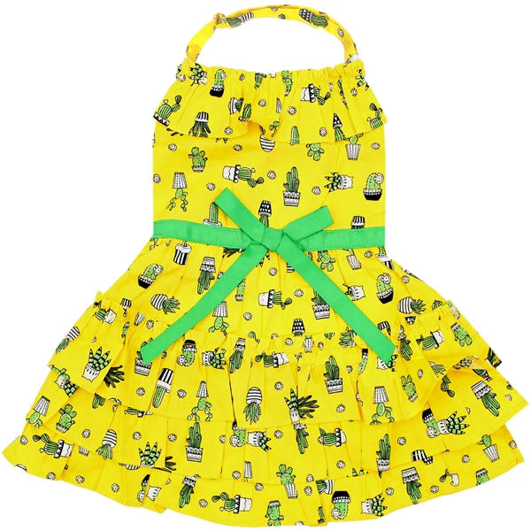 'Cactus Tiered Dress' Dog & Cat Shirt – Tropical Summer Outfit – Yellow