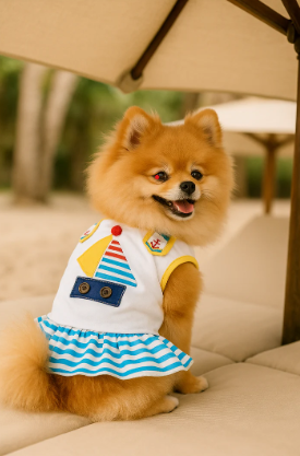 Boat Dress for Dogs and Cats, Designer Dog Dress, Tropical apparel, Yellow, Blue, Red & White